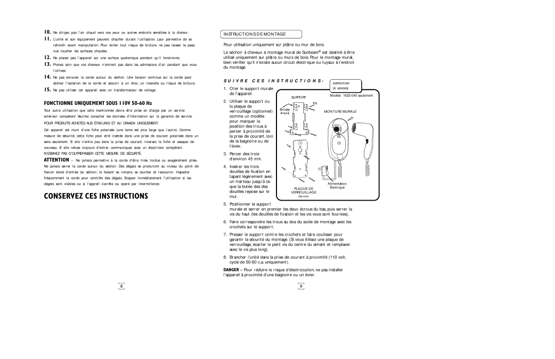 Sunbeam 1632 Fonctionne Uniquement Sous 110V 50-60 Hz, Instructions DE Montage, I V R E C E S I N S T R U C T I O N S 