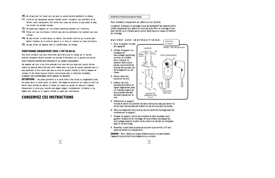Sunbeam 1632 instruction manual Conservez Ces Instructions, Ne pas utiliser cet appareil avec un transformateur de voltage 