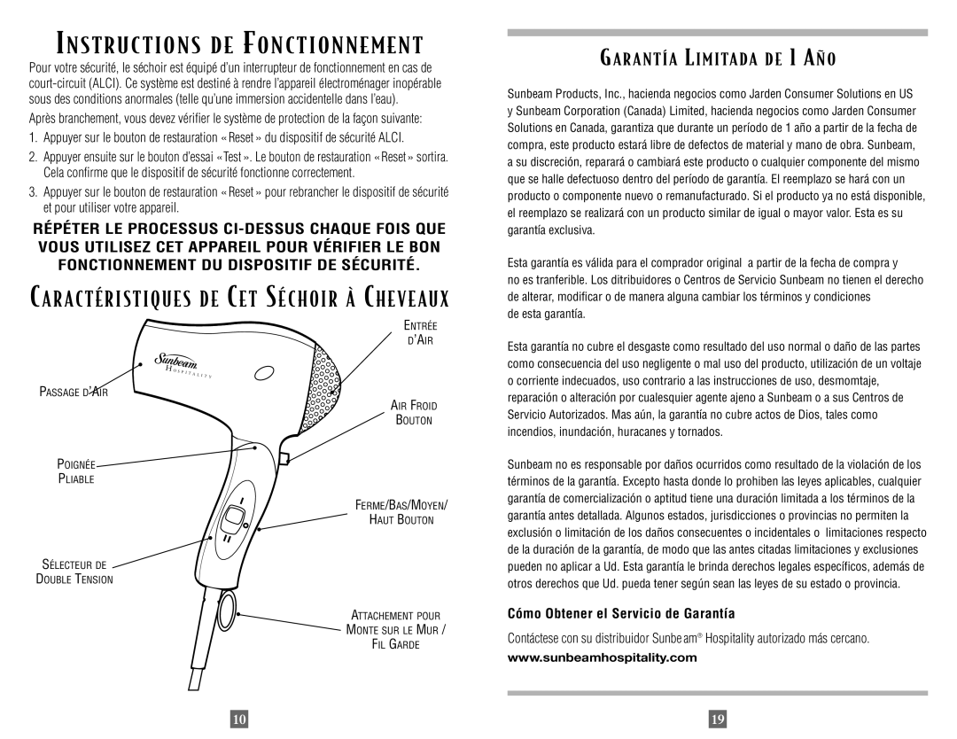 Sunbeam 1635 instruction manual Instructions DE Fonctionnement, Cómo Obtener el Servicio de Garantía 