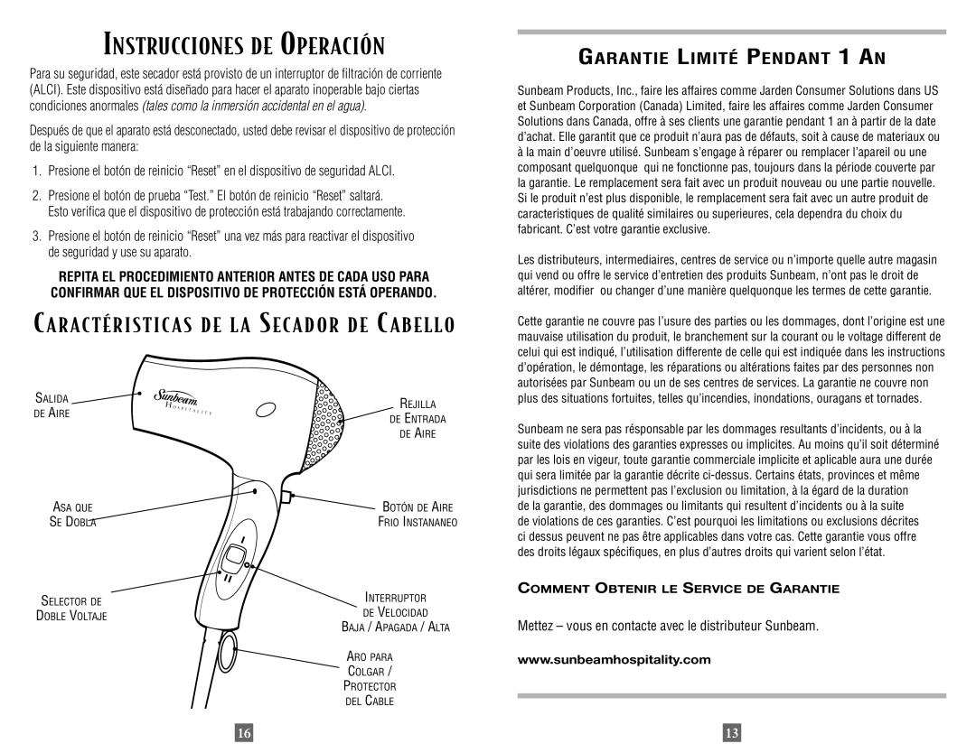 Sunbeam 1635 instruction manual Instrucciones DE Operación, Mettez vous en contacte avec le distributeur Sunbeam 