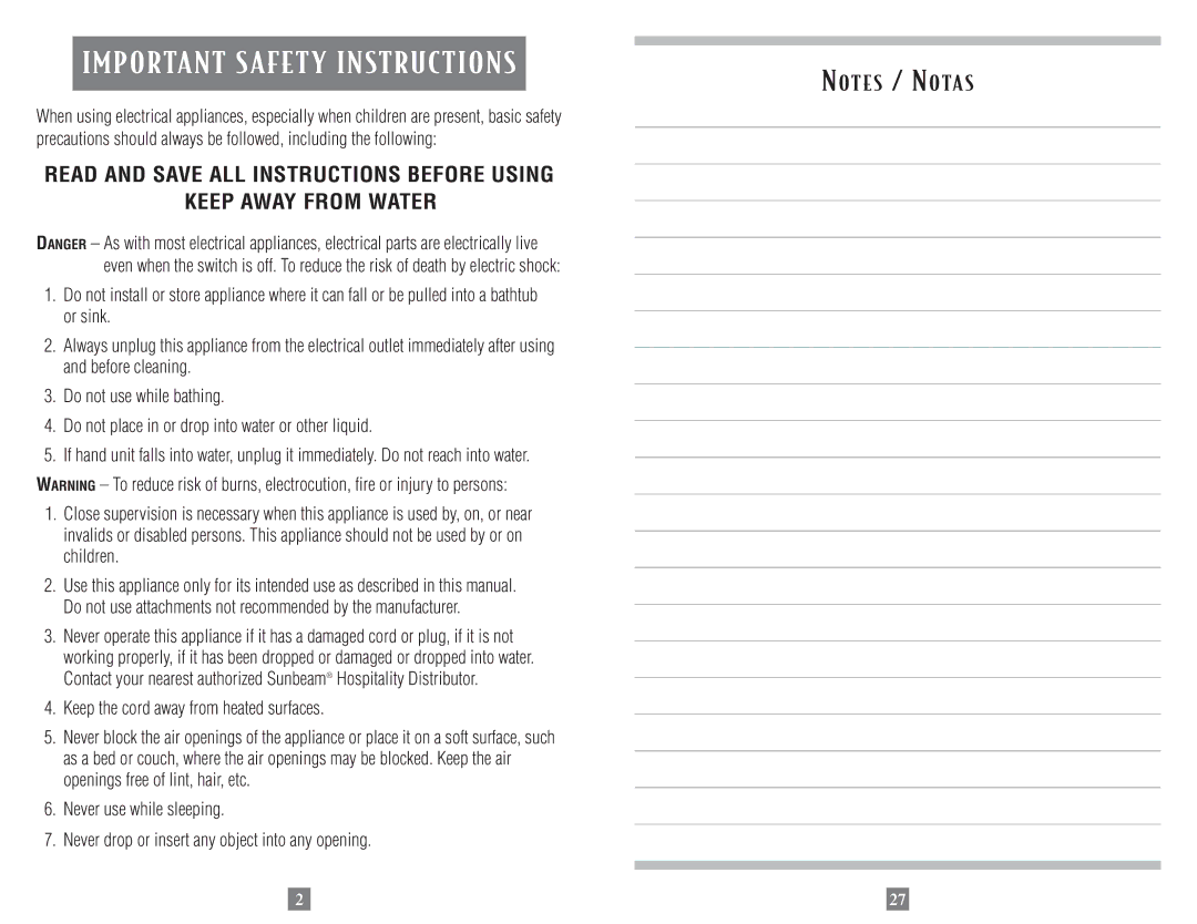 Sunbeam 1635 instruction manual Important Safety Instructions 