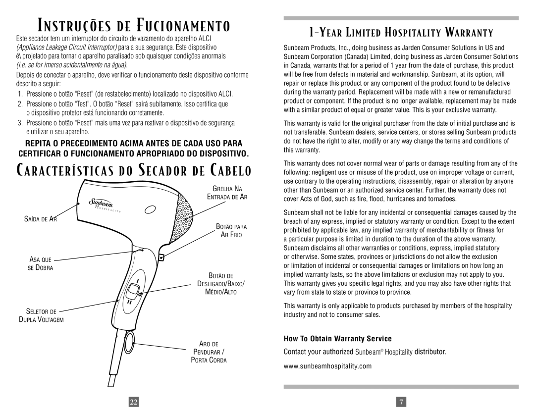 Sunbeam 1635 instruction manual How To Obtain Warranty Service, Contact your authorized Sunbe am Hospitality distributor 