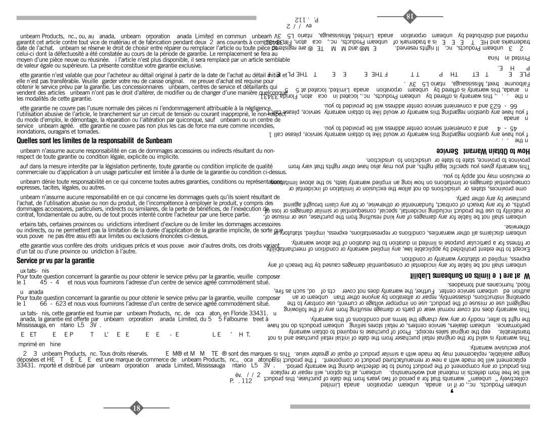 Sunbeam 2347, 2349, 2346, 2348 instruction manual Aux États-Unis, Au Canada, Imprimé en Chine, Rév /9/02 112789 .N.P 02 Rev 