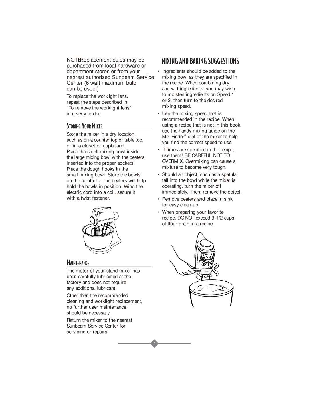 Sunbeam 2358, 2356, 2360, 2359 instruction manual Storing Your Mixer, Maintenance, Any additional lubricant 