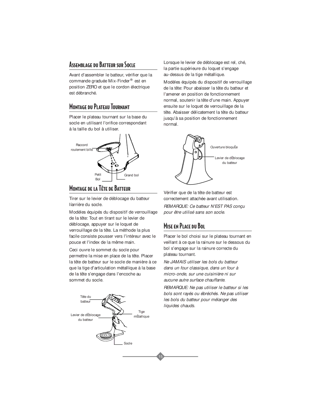 Sunbeam 2360, 2356, 2358, 2359 instruction manual Mise en Place du Bol, Assemblage du Batteur sur Socle 