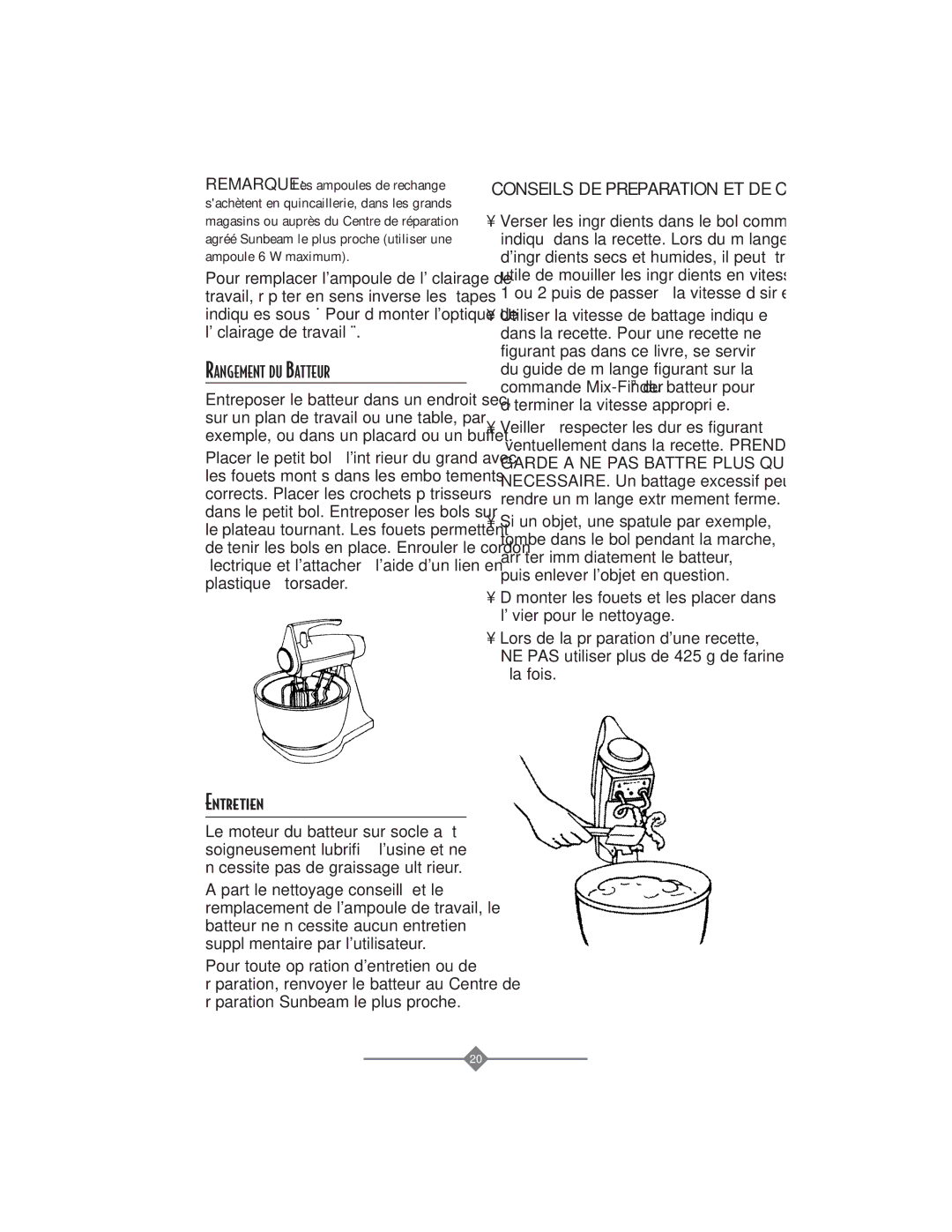 Sunbeam 2358, 2356, 2360, 2359 instruction manual Entretien, Rangement DU Batteur 