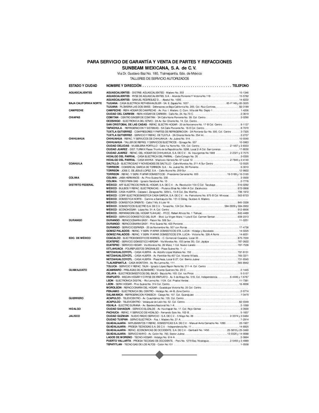 Sunbeam 2356, 2360, 2358, 2359 instruction manual Para Servicio DE Garantía Y Venta DE Partes Y Refacciones 