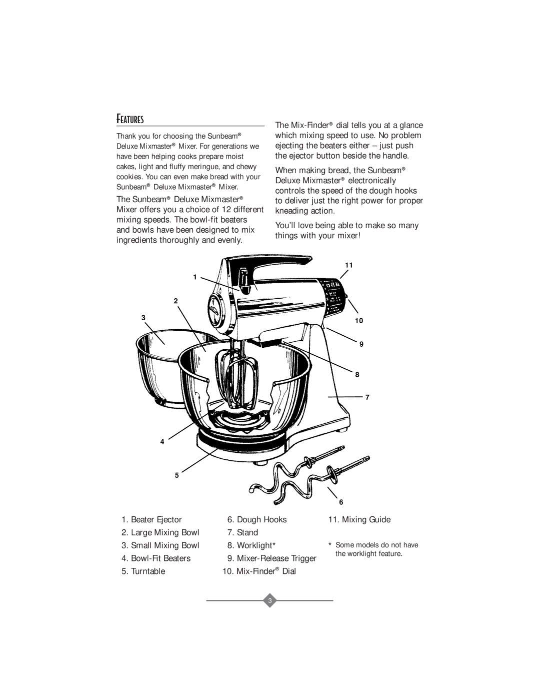 Sunbeam 2356, 2360, 2358, 2359 instruction manual Features, Turntable Mix-FinderDial Mixing Guide 