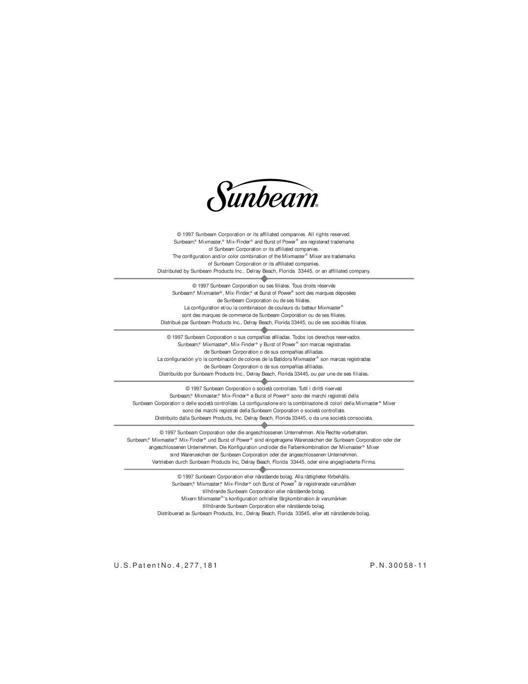 Sunbeam 2356, 2360, 2358, 2359 instruction manual P a t e n t N o , 2 7 7 , 1 8 