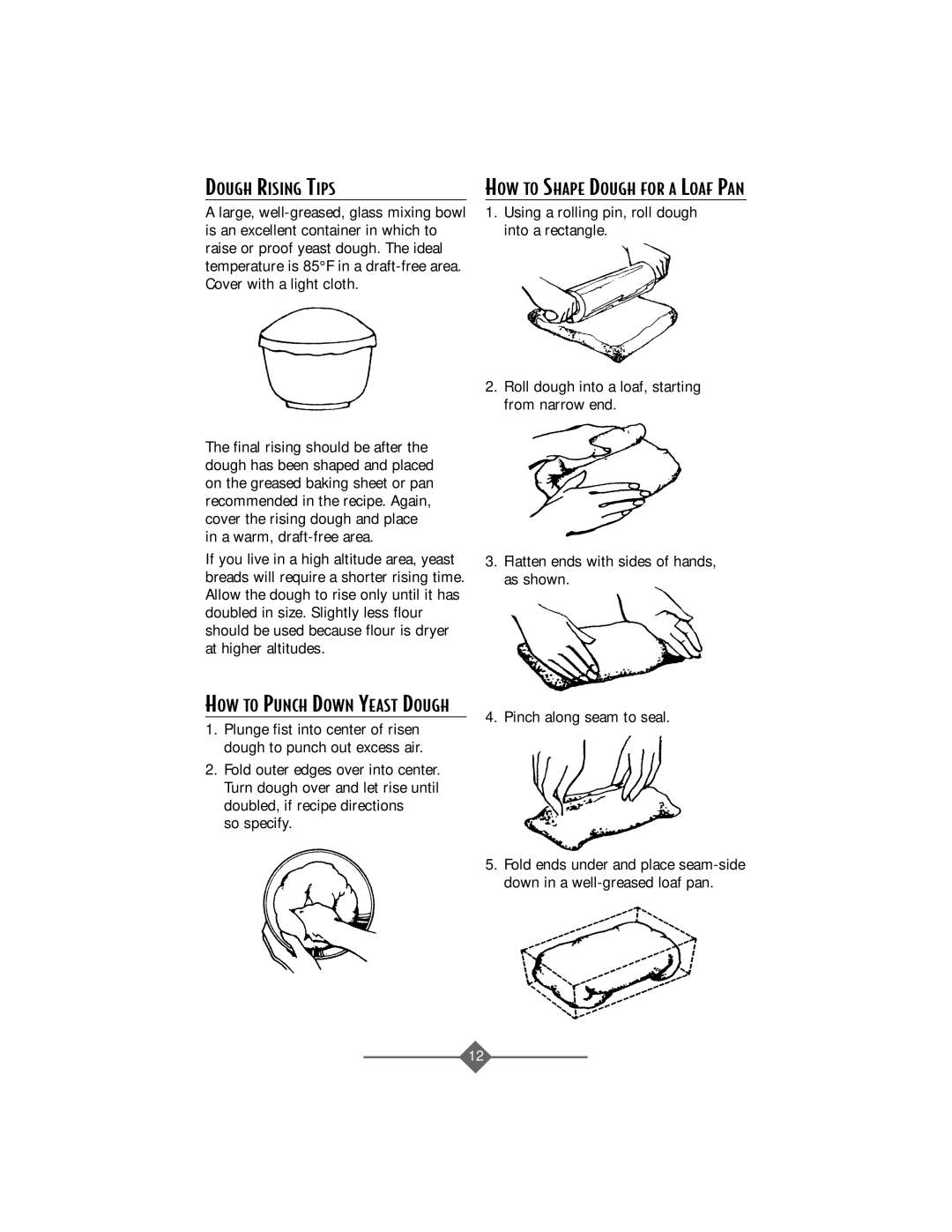 Sunbeam 2366 instruction manual Dough Rising Tips, HOW to Shape Dough for a Loaf PAN, HOW to Punch Down Yeast Dough 