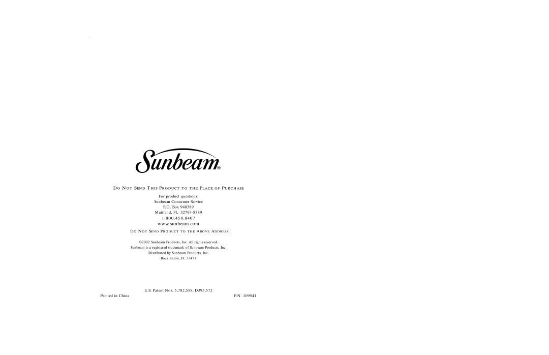 Sunbeam 2377 user manual 800.458.8407 