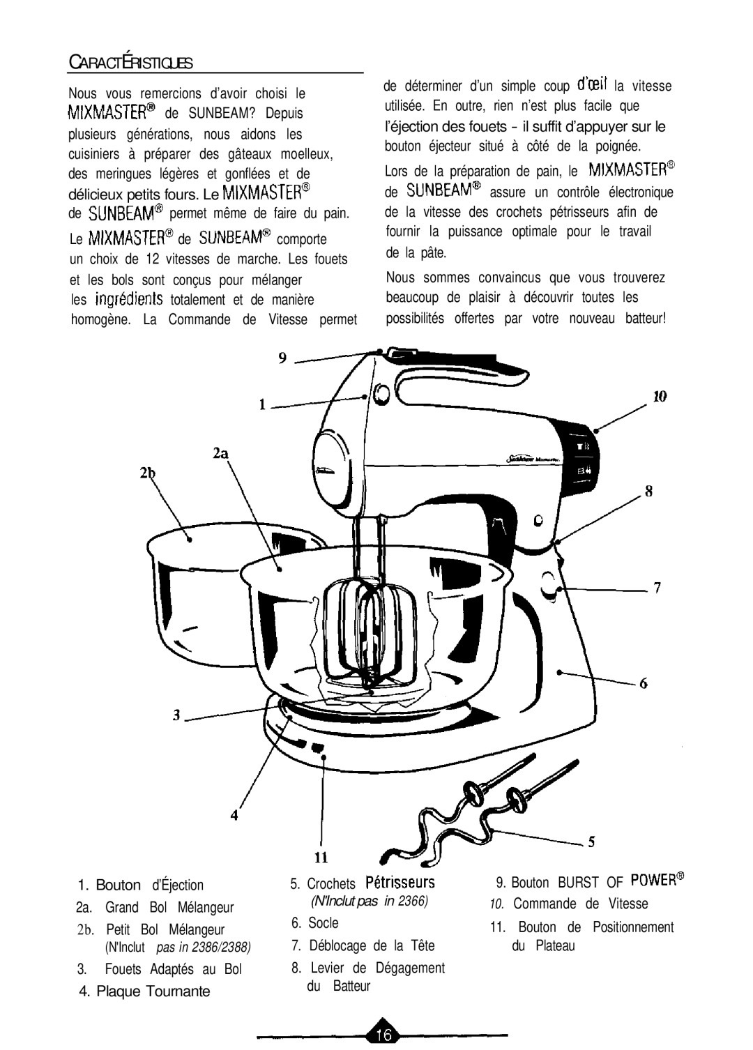 Sunbeam 2368, 2388, 2386, 2367, 2369 instruction manual Caractéristiques 