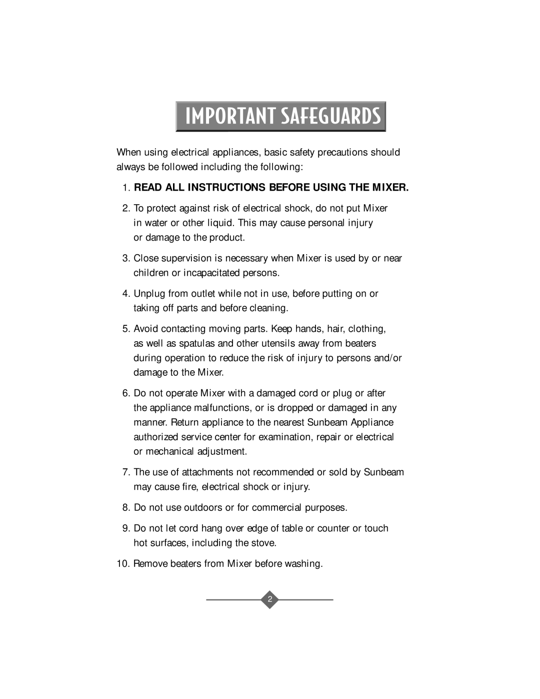 Sunbeam 2386, 2388, 2368, 2367, 2369 instruction manual Important Safeguards 