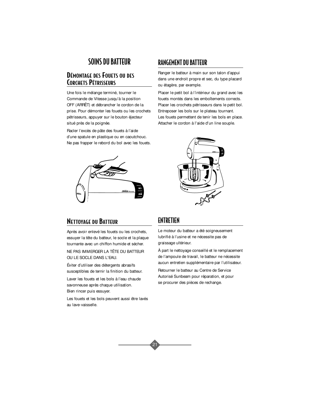 Sunbeam 2368, 2388, 2386, 2367, 2369 instruction manual Rangement DU Batteur, Nettoyage DU Batteur 