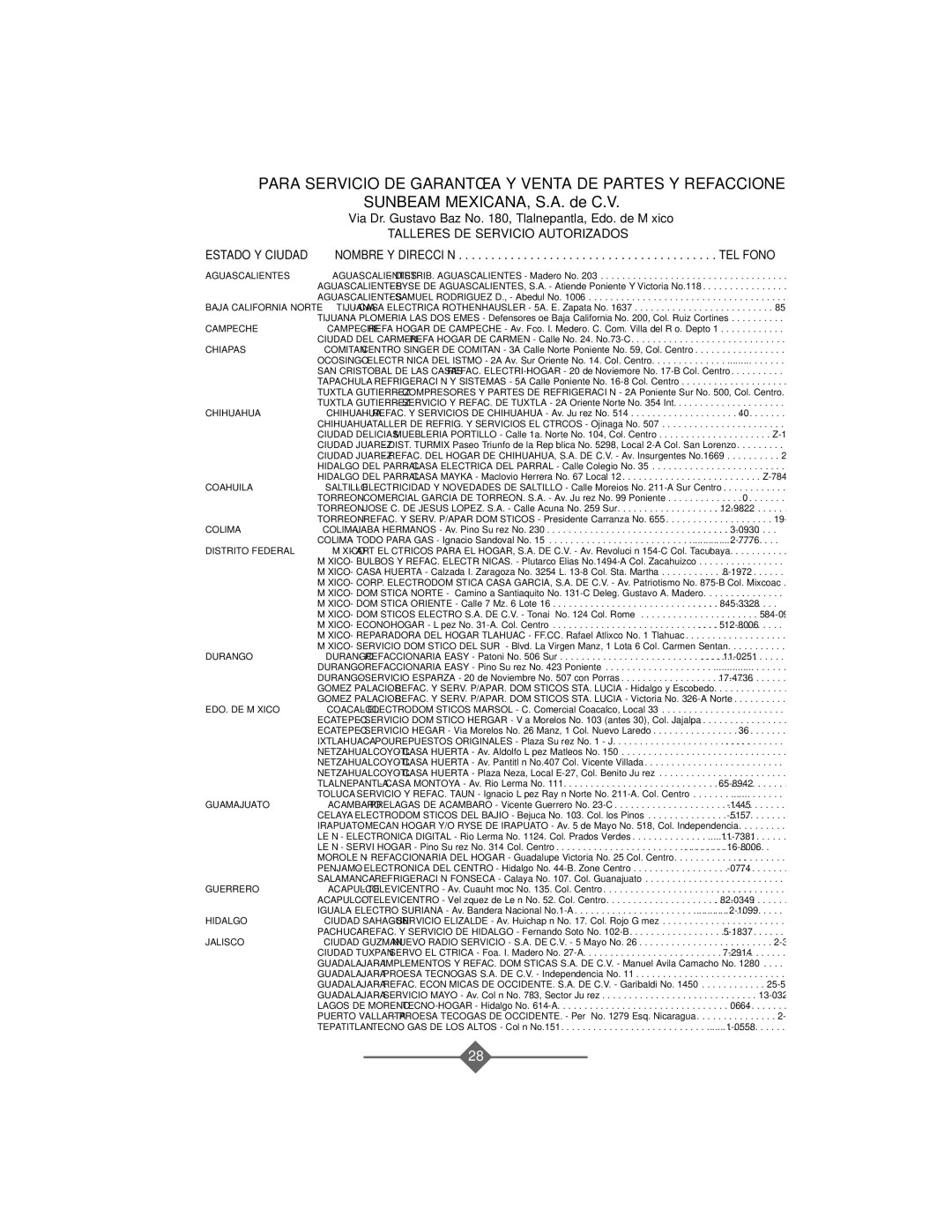 Sunbeam 2367, 2388, 2368, 2386, 2369 instruction manual Para Servicio DE Garantía Y Venta DE Partes Y Refacciones 