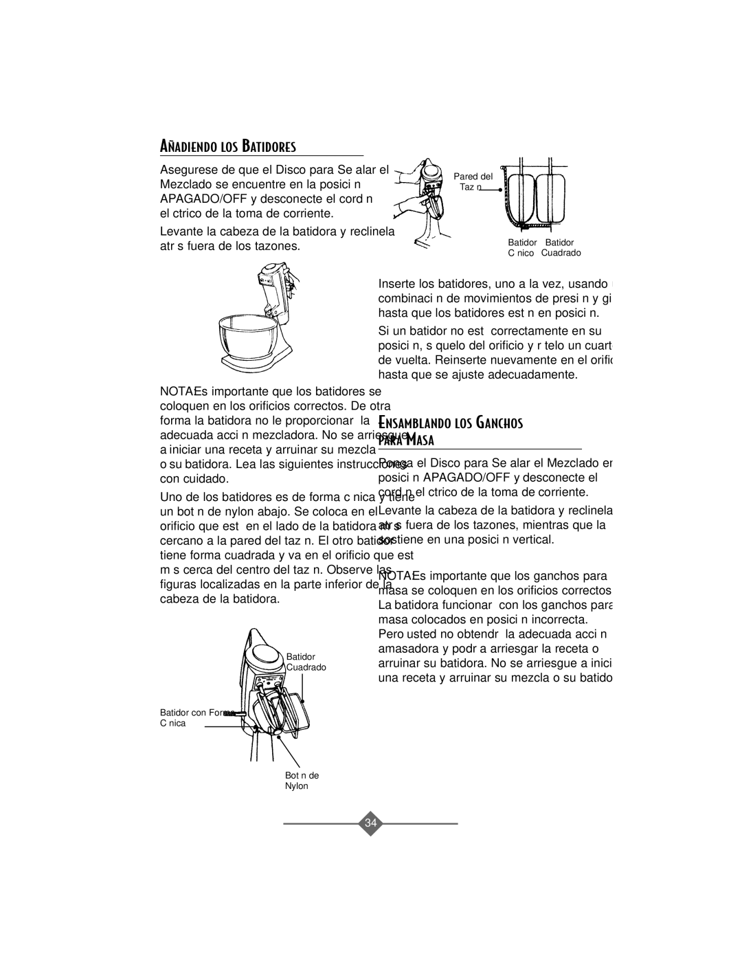 Sunbeam 2369, 2388, 2368, 2386, 2367 instruction manual „ADIENDO LOS Batidores, Ensamblando LOS Ganchos Para Masa 