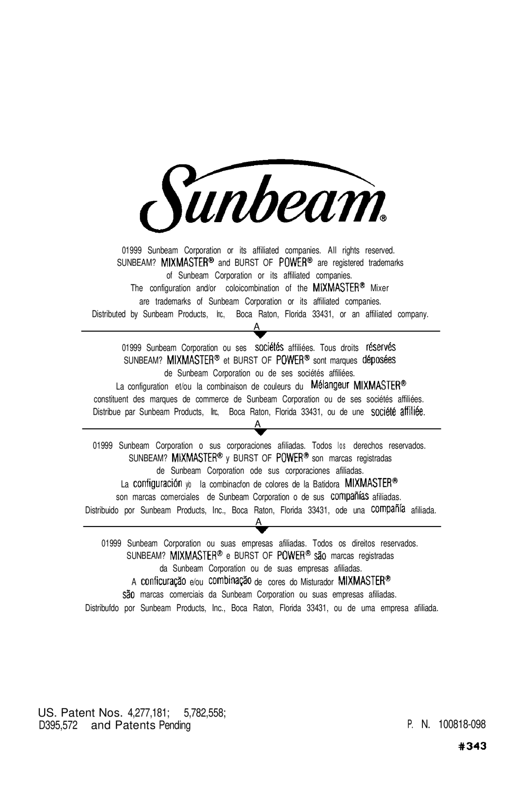 Sunbeam 2368, 2388, 2386, 2367, 2369 instruction manual 