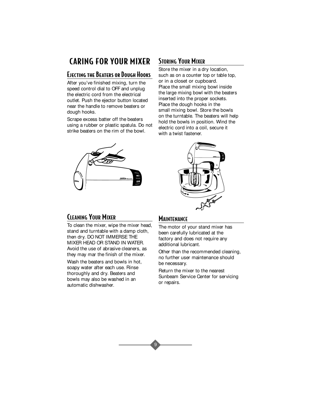 Sunbeam 2369, 2388, 2368, 2386, 2367 instruction manual Cleaning Your Mixer, Storing Your Mixer, Maintenance 