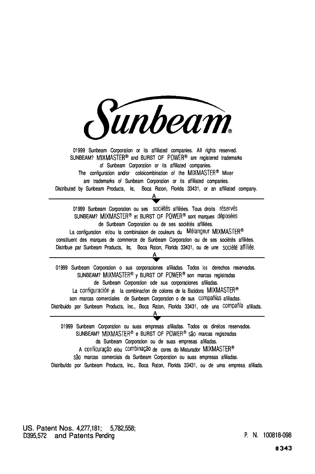 Sunbeam 2368, 2388, 2386, 2367, 2369 instruction manual P. N 