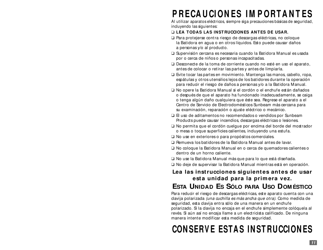 Sunbeam 2470 user manual Precauciones Importantes 