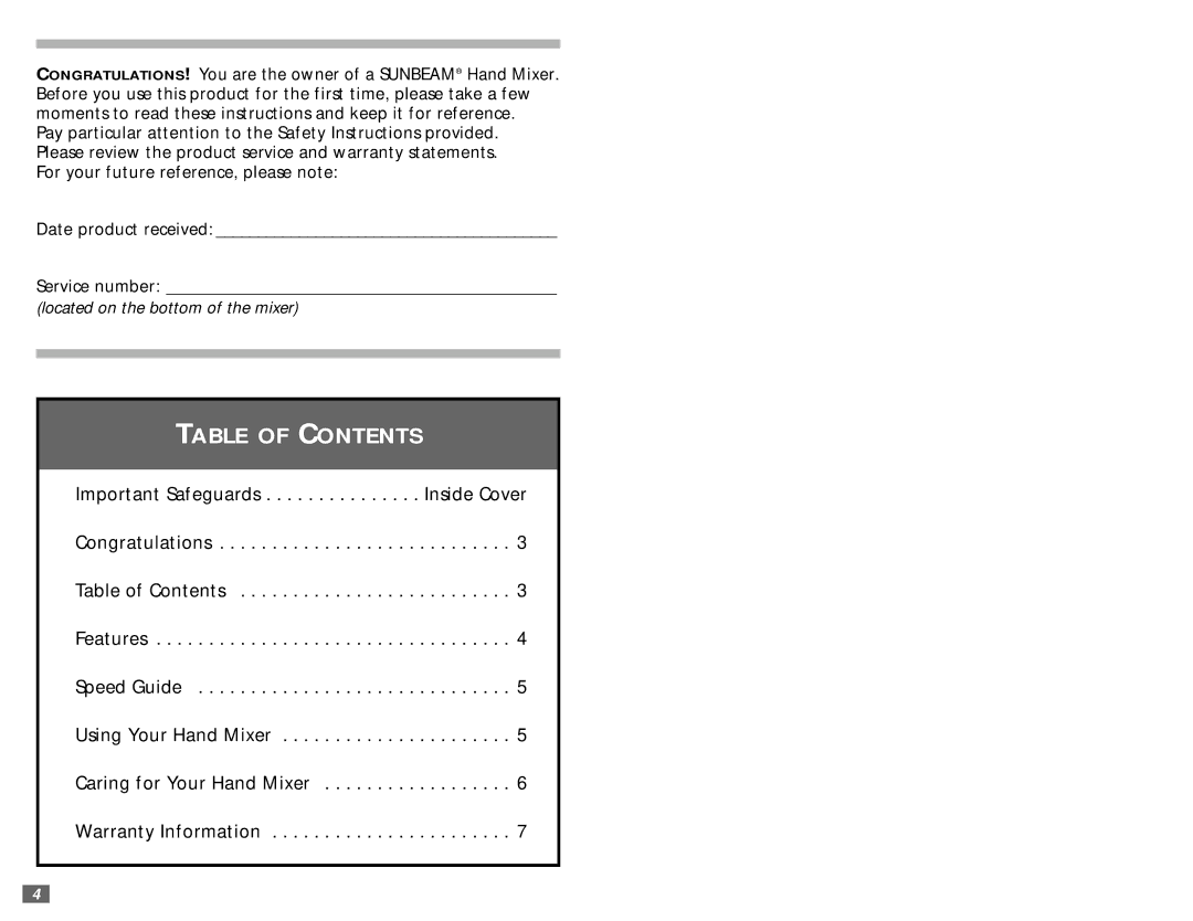 Sunbeam 2470 user manual Table of Contents 