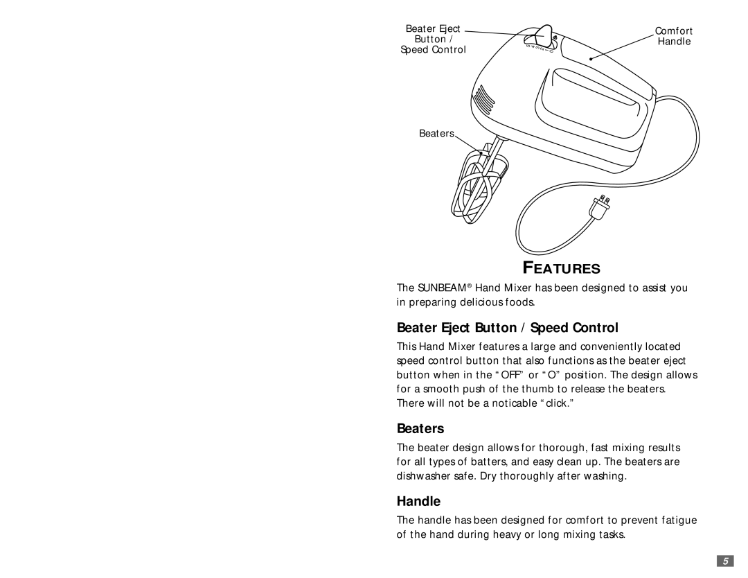 Sunbeam 2470 user manual Features, Beater Eject Button / Speed Control, Beaters, Handle 