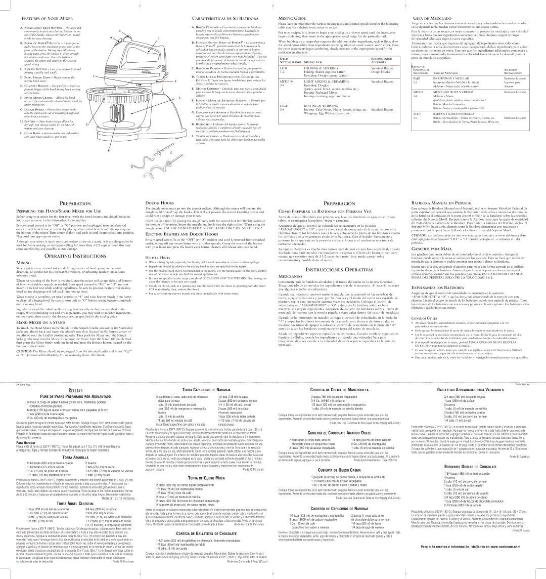 Sunbeam 2472 Mixing Guide, Guía DE Mezclado, Preparing the HAND/STAND Mixer for USE, Hand Mixer on a Stand, Torta Amarilla 