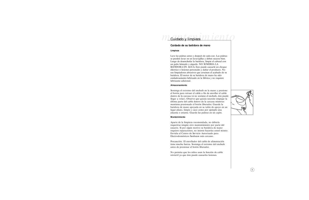 Sunbeam 2480 user manual MantenimientoCuidado y limpieza, Cuidado de su batidora de mano, Limpieza, Almacenamiento 