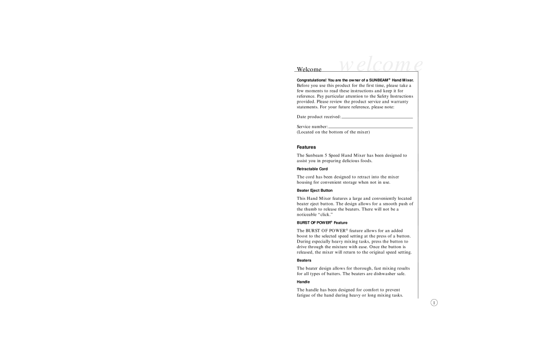 Sunbeam 2480 user manual Welcome welcome, Features 