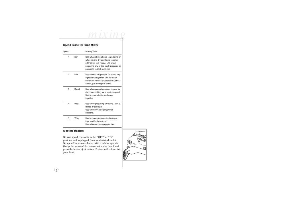 Sunbeam 2480 user manual Speed Guide for Hand Mixer, Ejecting Beaters 