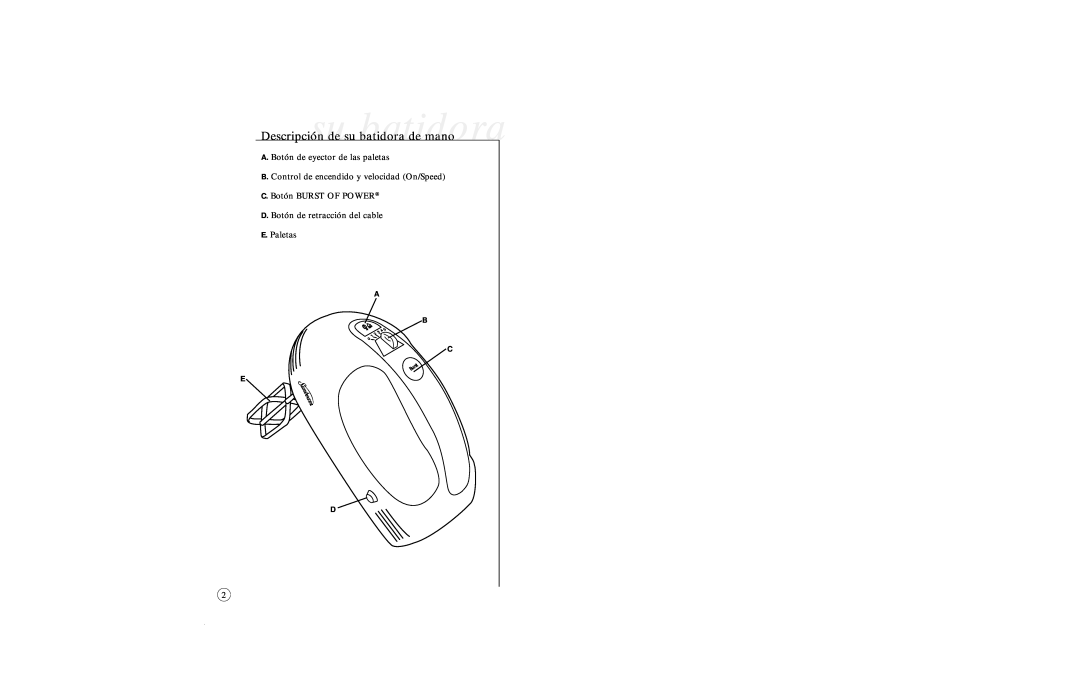 Sunbeam 2480 user manual Descripciónsude su batidorabatidorade mano, A. Botón de eyector de las paletas, Burst 
