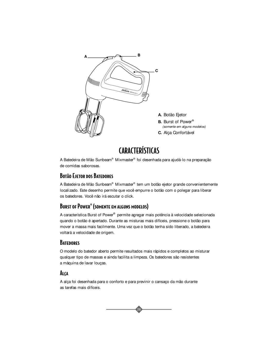 Sunbeam 2484 instruction manual Bot‹o Ejetor dos Batedores, Burst of Power¨ somente em alguns modelos, Ala 