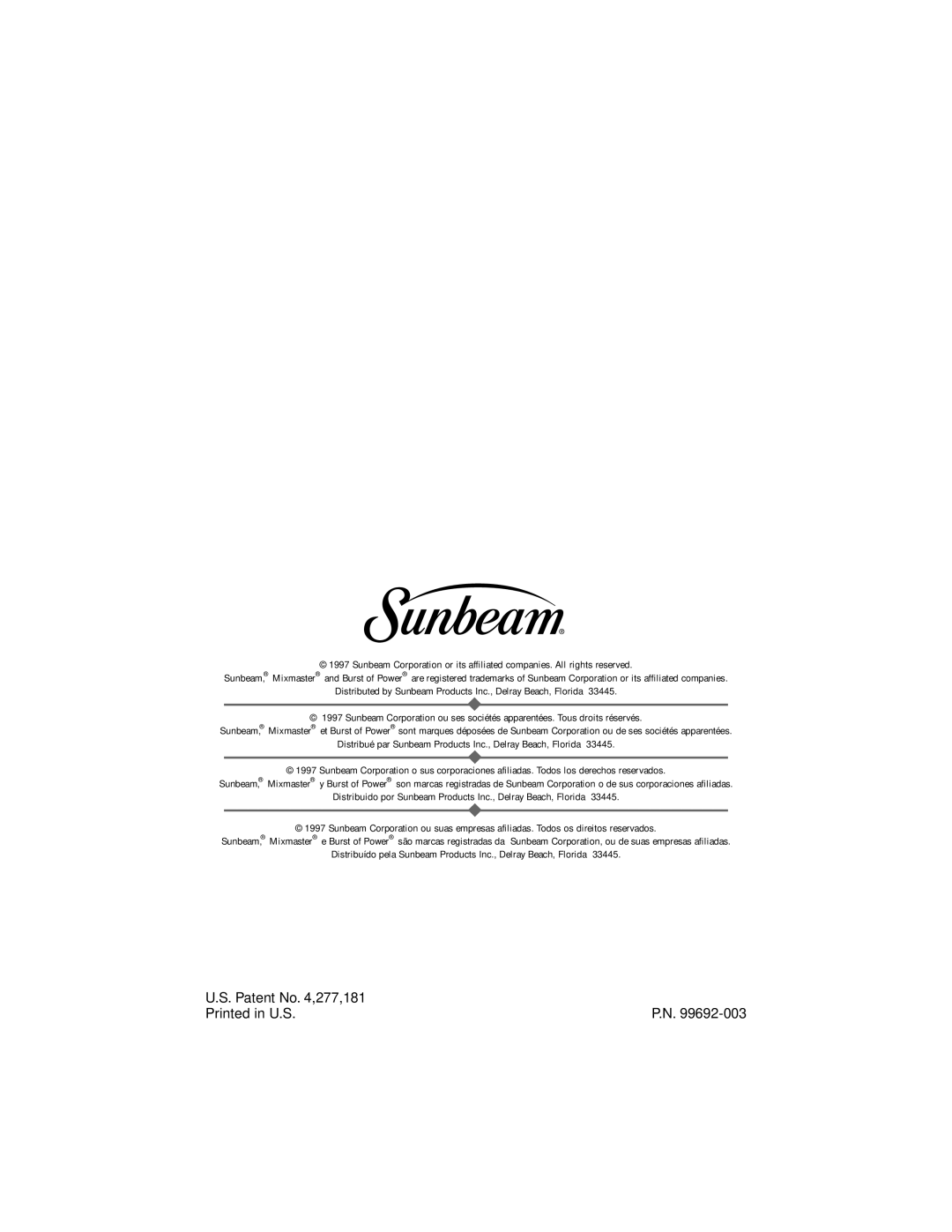 Sunbeam 2484 instruction manual Patent No ,277,181 