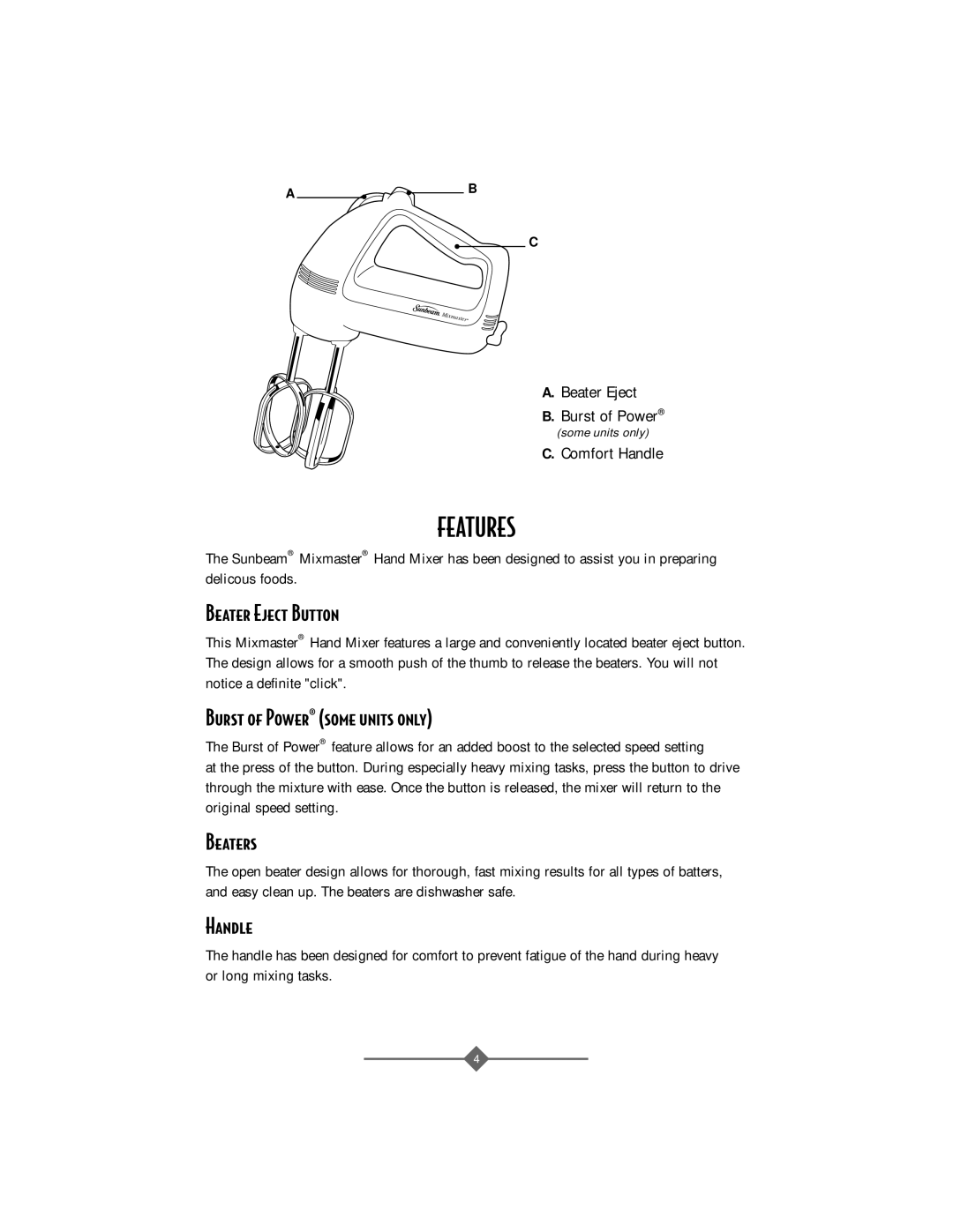 Sunbeam 2484 instruction manual Features, Beater Eject Button, Burst of Power¨ some units only, Beaters, Handle 