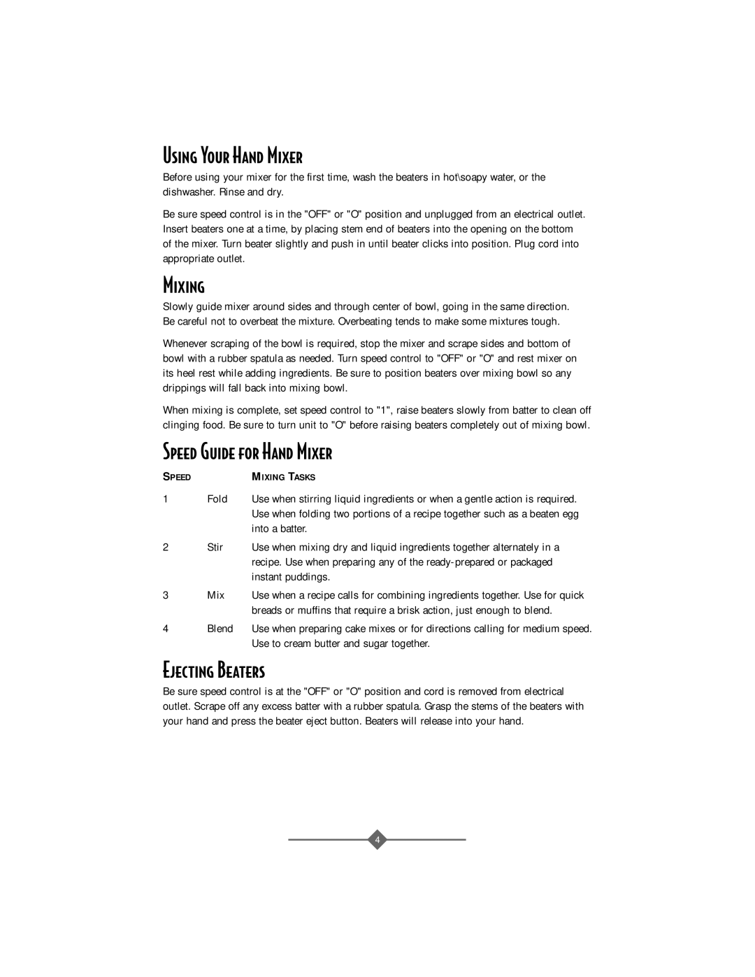 Sunbeam 2487 instruction manual Using Your Hand Mixer, Mixing, Speed Guide for Hand Mixer, Ejecting Beaters 