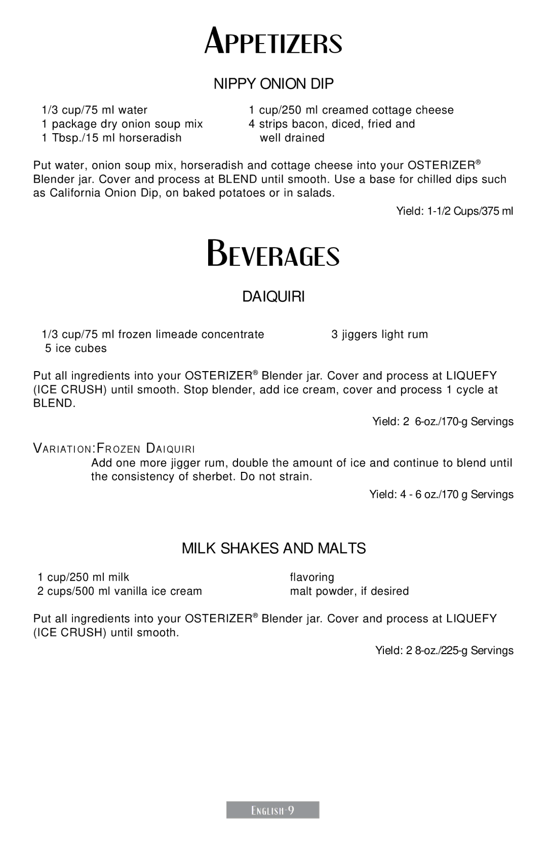 Sunbeam 250-22 instruction manual Appetizers 