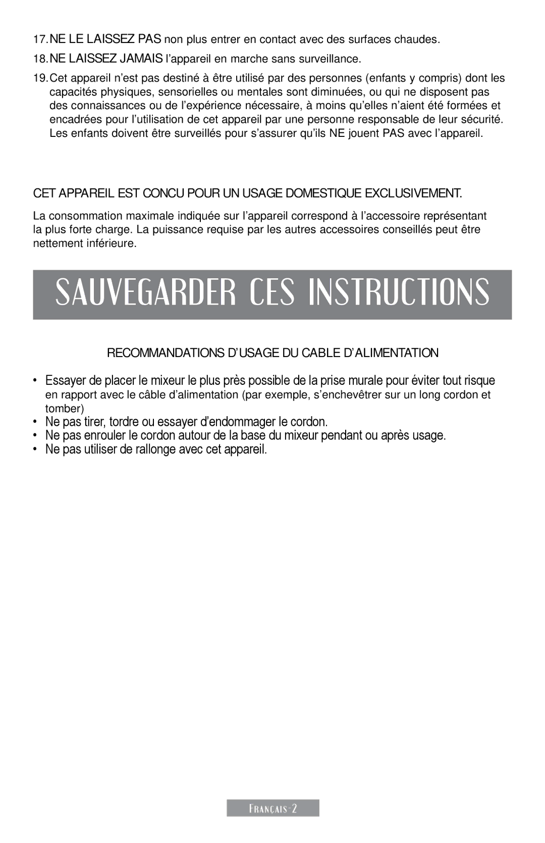 Sunbeam 250-22 instruction manual Sauvegarder CES Instructions, Recommandations D’USAGE DU Cable D’ALIMENTATION 