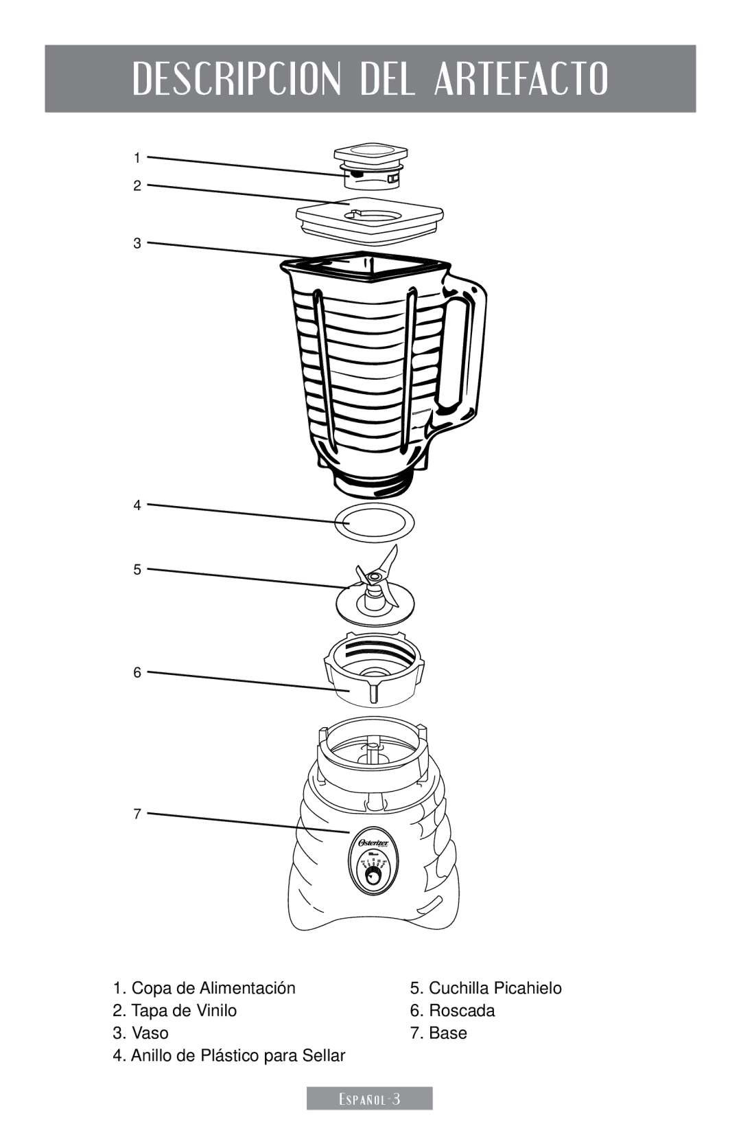 Sunbeam 250-22 instruction manual Descripcion DEL Artefacto 