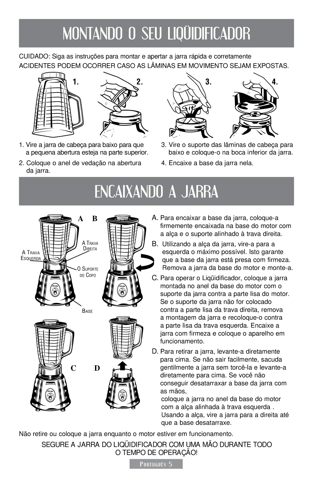 Sunbeam 250-22 instruction manual Montando O SEU Liqüidificador, Encaixando a Jarra 