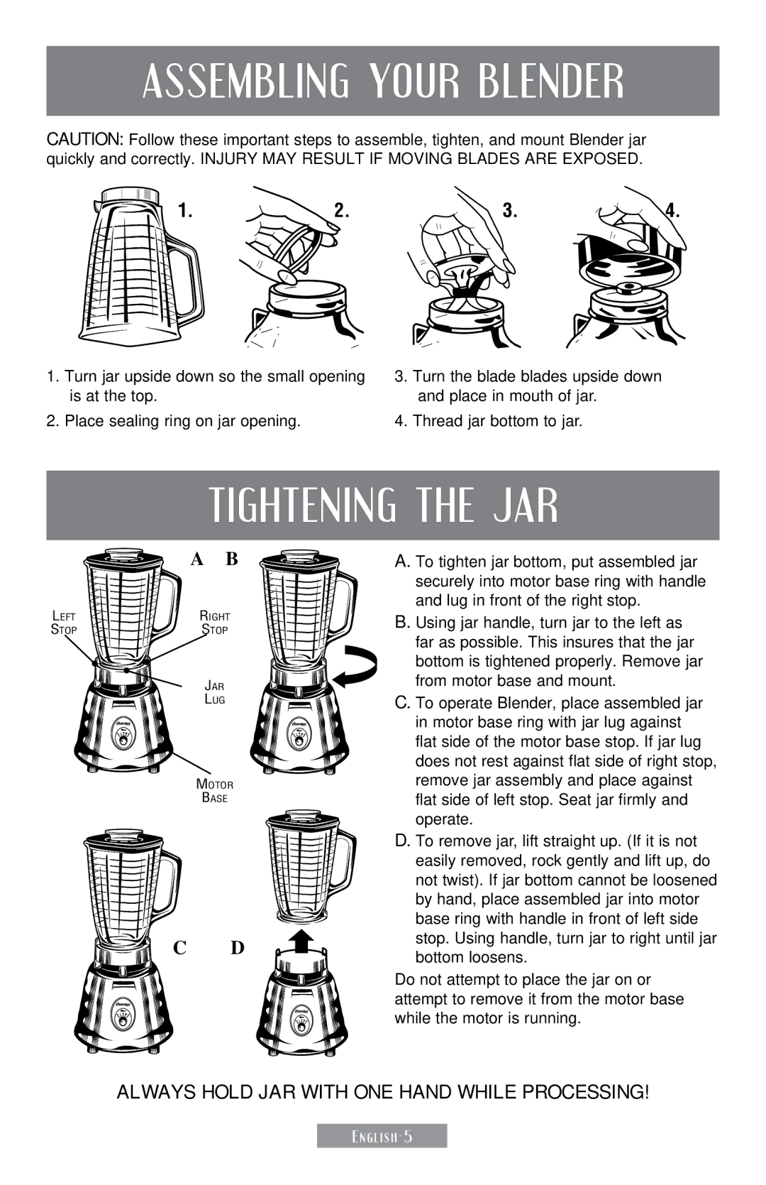 Sunbeam 250-22 instruction manual Assembling Your Blender, Tightening the JAR 