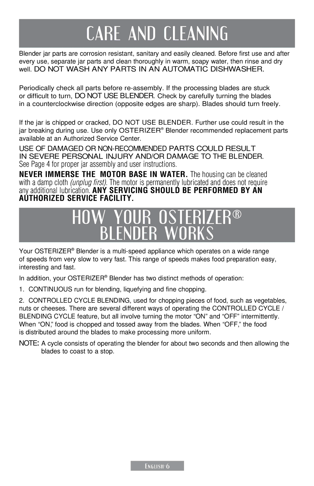 Sunbeam 250-22 instruction manual Care and Cleaning, HOW Your Osterizer 