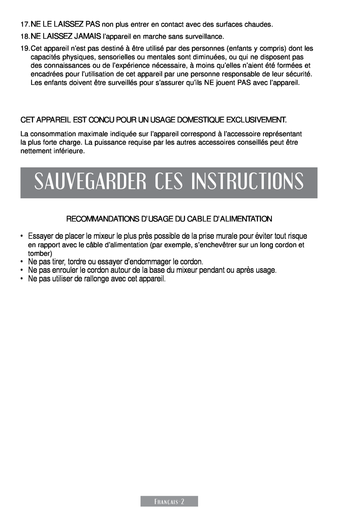 Sunbeam 250-22 instruction manual Sauvegarder Ces Instructions, Recommandations D’Usage Du Cable D’Alimentation 
