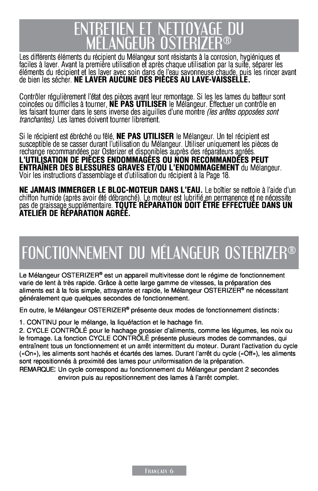 Sunbeam 250-22 instruction manual Entretien Et Nettoyage Du Mélangeur Osterizer, Fonctionnement Du Mélangeur Osterizer 