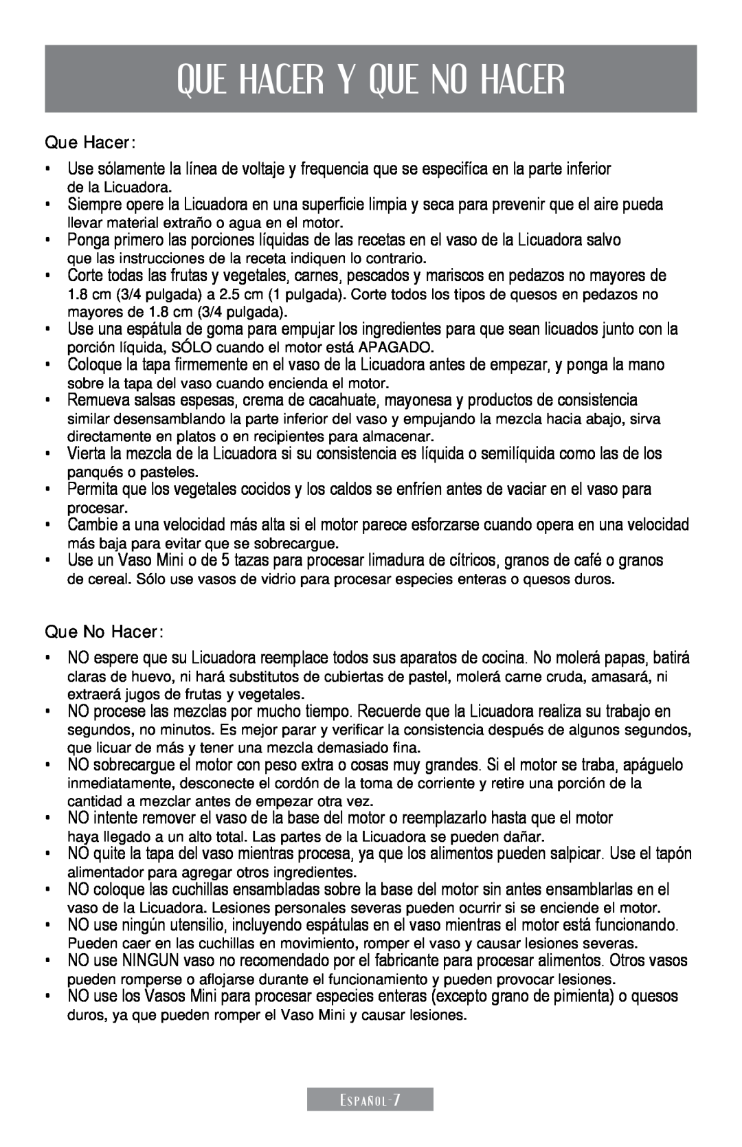 Sunbeam 250-22 instruction manual Que Hacer Y Que No Hacer 