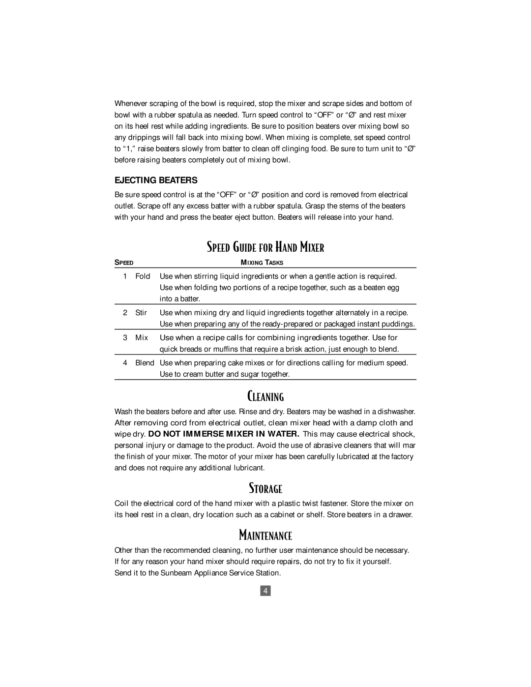 Sunbeam 2504 instruction manual Ejecting Beaters, Speed Guide for Hand Mixer, Cleaning, Storage, Maintenance 