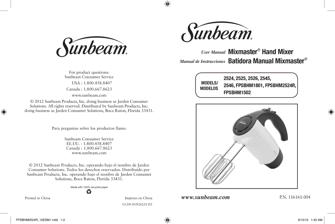 Sunbeam 2524 user manual FPSBHM1502 