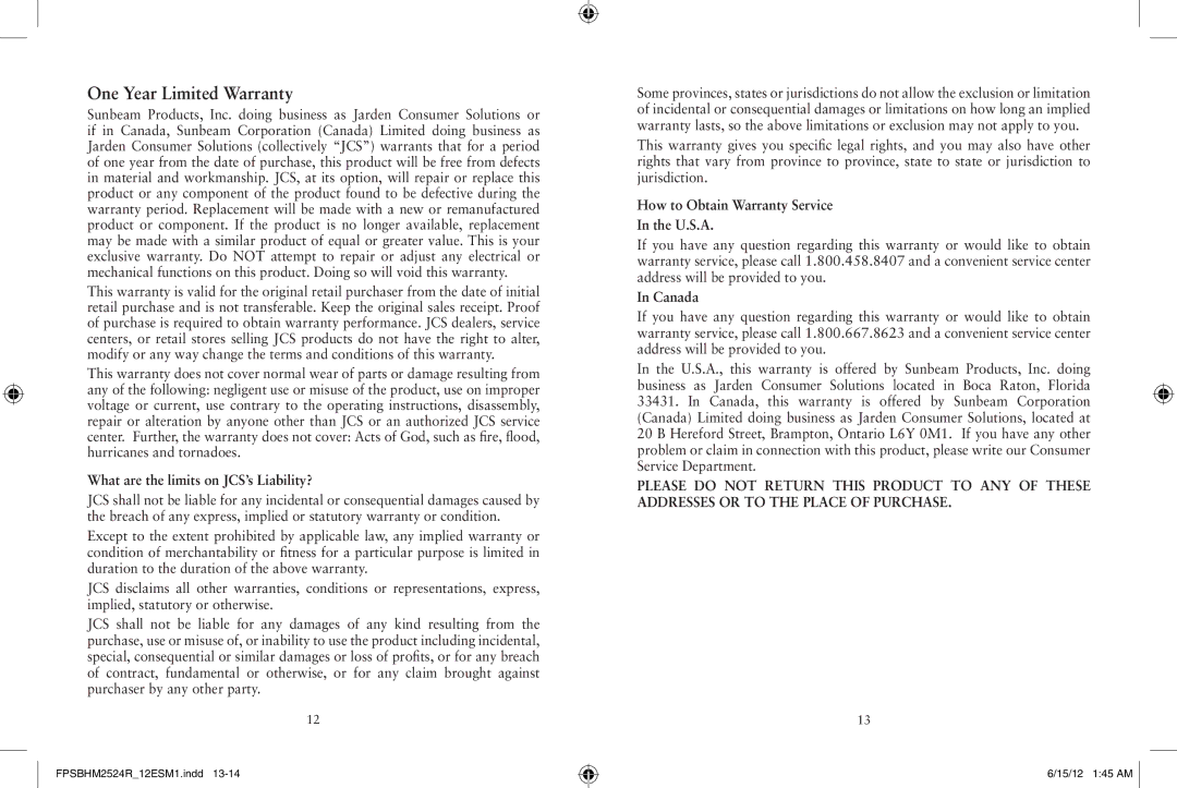 Sunbeam 2524 user manual One Year Limited Warranty, What are the limits on JCS’s Liability? 