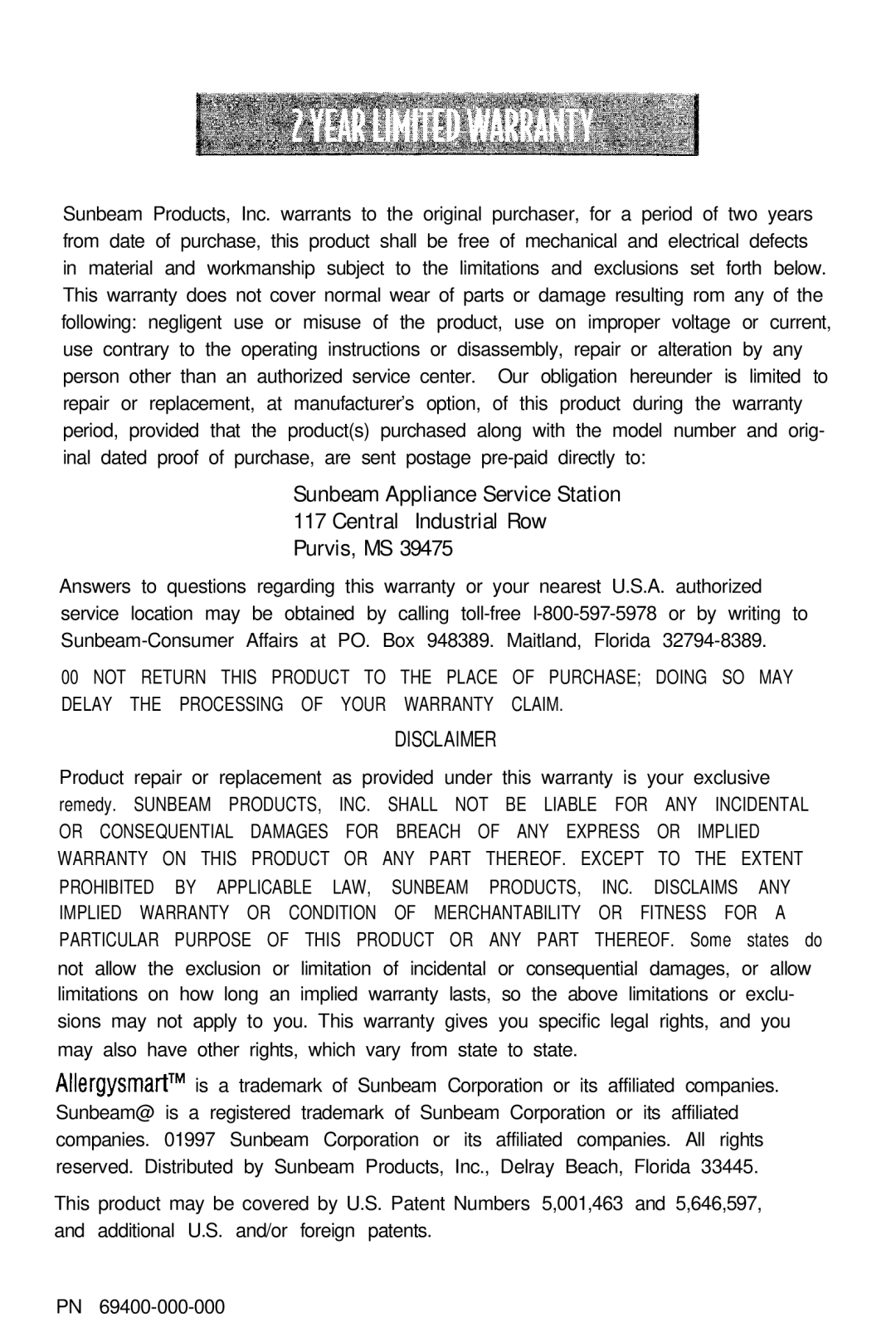 Sunbeam 2541, 2540 manual Disclaimer 