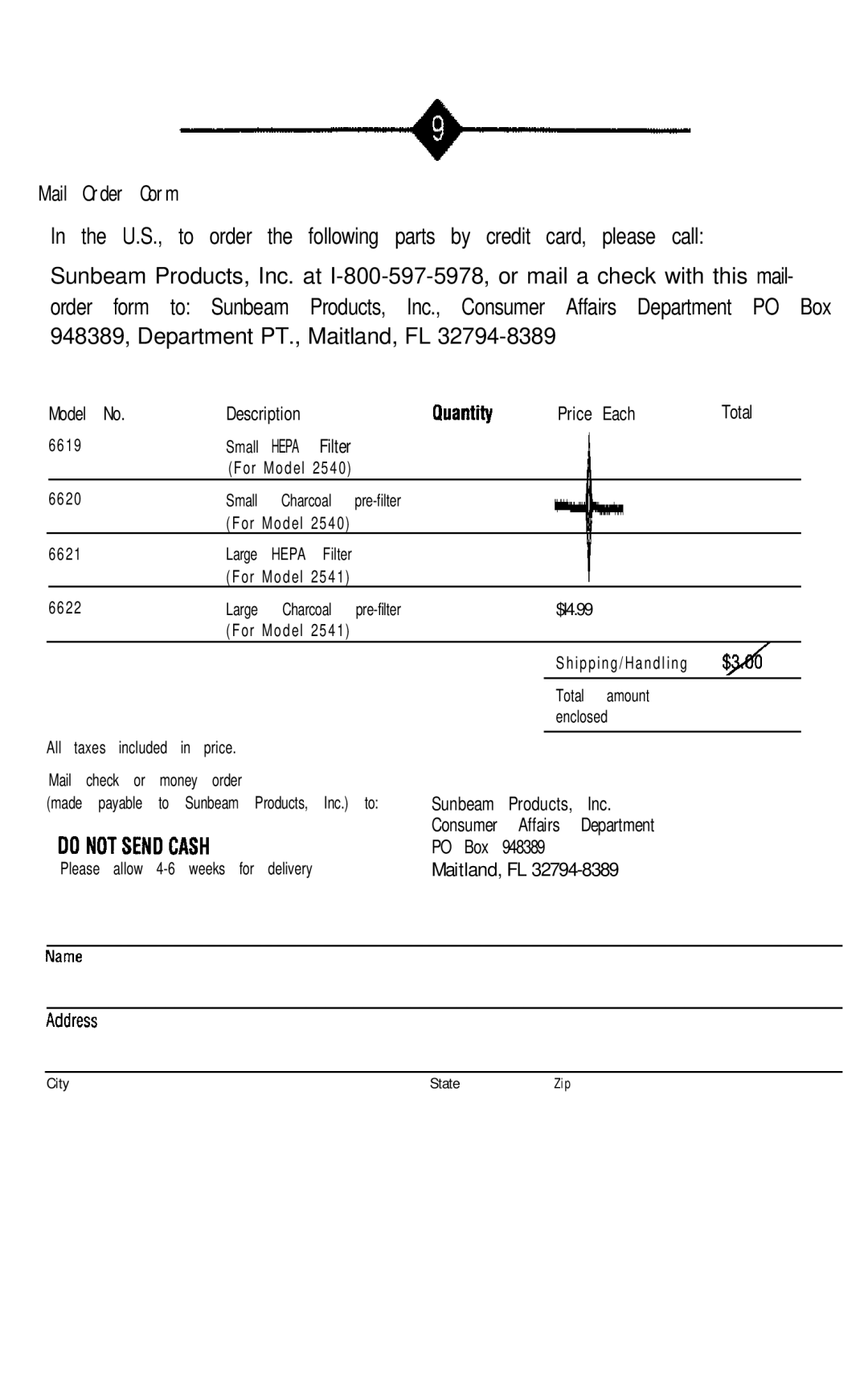 Sunbeam 2540, 2541 manual Mail Order Corm 