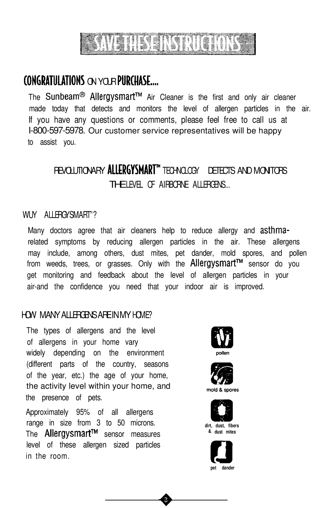 Sunbeam 2541, 2540 manual Ongratulations on Your PURtUASE, Level of Airborne Allergens WUY ALLERGYSMART? 